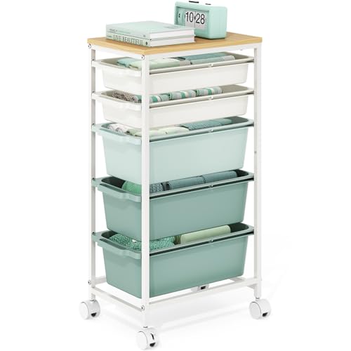 KINGBOARD Slim Rolling Cart with 5 Drawers, Metal Utility Storage Cart | Wooden Tabletop, Lockable Wheels, Table Side Trolley for Bedroom, Children's Room and Office Organization, Green - color: Green, size: 5-Tier