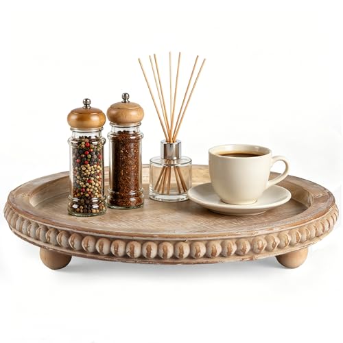 Round Decorative Tray for Coffee Table, Natural Wood Beaded Tray with Detachable Legs, 11.87" Farmhouse Rustic Serving Tray for Living Room, Ottoman, Kitchen Counter, Dining Table Decor - color: Brown