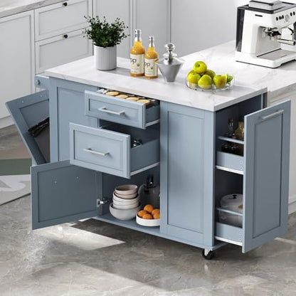 Kitchen Island with Trash Can Storage Cabinet and Faux Marble Top | Grey Blue, 50.7" Rolling Kitchen Cart on Wheels with Drop Leaf, Spice Rack, Towel Rack and Adjustable Shelf for Dining Room - color: Grey Blue
