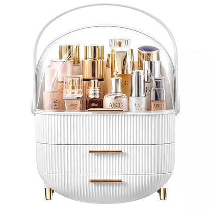 NestOrganix Makeup Organizer With Drawers for Cosmetic White | Clear lid cosmetic display case, fits bathroom & vanity, holds lipstick, mask & skincare - color: White & Gold