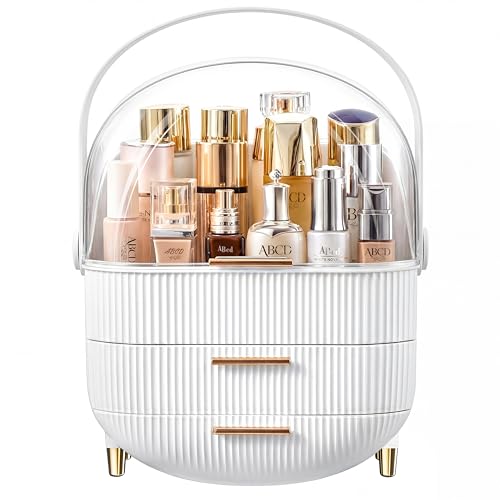 NestOrganix Makeup Organizer With Drawers for Cosmetic White | Clear lid cosmetic display case, fits bathroom & vanity, holds lipstick, mask & skincare - color: White & Gold