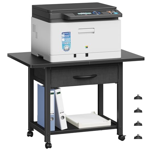 YAOHUOO 22"x15" Large Printer Stand with Drawer, 2-Tier Rolling Table Cart | Under Desk Printer Table,Storage Fabric Drawer,Fit printer/fax/3d/scanner,4 Lock Wheels or Feet,For Home Office Dorms,Black - color: Black, size: 2-Tier