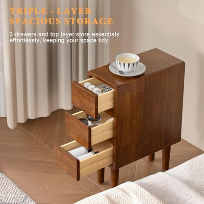 Narrow Nightstand with 3 Drawers Narrow Night Stand Solid Wood Bedside Table Mid Century Modern Nightstand Wooden End Table for Bedroom, Study, Office - color: Walnut-3d, size: 15.75''×8''×23.62''