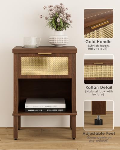 Rattan Nightstand with Drawer and Open Shelf, Boho Side Table with Gold Handle, Small Night Stand, Modern Bedside Table for Bedroom, Walnut - color: Walnut