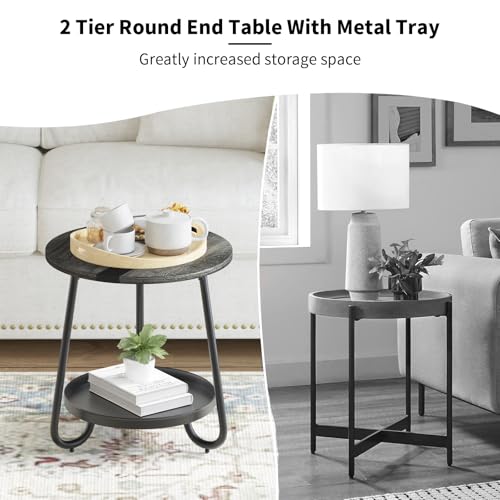 2 Tier Coffee Table in Living Room, Industrial Style Round Coffee Table with Metal Tray, Wood Small Outdoor Coffee Table for Bedroom Balcony Patio, Gray - color: Grey