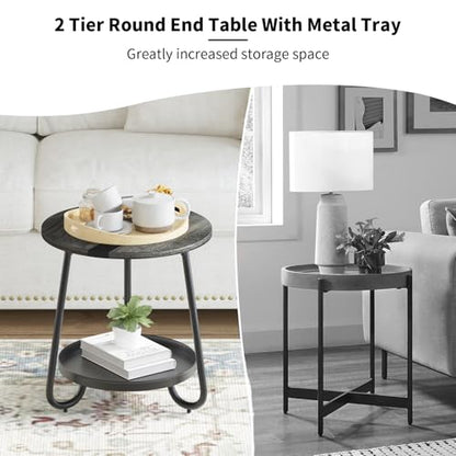 2 Tier Coffee Table in Living Room, Industrial Style Round Coffee Table with Metal Tray, Wood Small Outdoor Coffee Table for Bedroom Balcony Patio, Gray - color: Grey