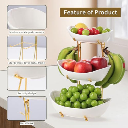 Elegant 3-Tier Ceramic Serving Bowl Set with Gold Stand, White Decorative Display Bowls for Fruits, Desserts, Appetizers