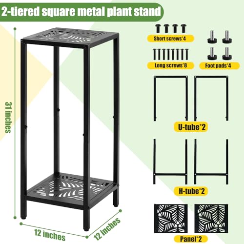 Party Zealot 2 Packs of 2-Tier Tall Metal Square Plant Stand 31” Heavy-Duty Modern Flower Pot Rack for Indoor Living Room, Corner Side Table for Outdoor Patio, Garden Planter Holder, Black, Leaf - style: Leaf - 2 pack