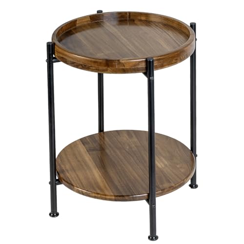 MyGift 2 Tier Round End Table with Premium Acacia Solid Wood Shelf and Black Metal Frame, 22 Inch Tall Side Table Modern Home Living Room or Bedroom Furniture