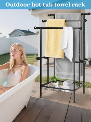 Freestanding Towel Rack for Bathroom, Pool & Outdoor, 3-Tier 39" Metal | Rust-resistant metal towel drying rack with storage basket, designed for oversized towels 24.4" L x 13" W x 39" H - size: 24.4"L x 13"W x 39"H