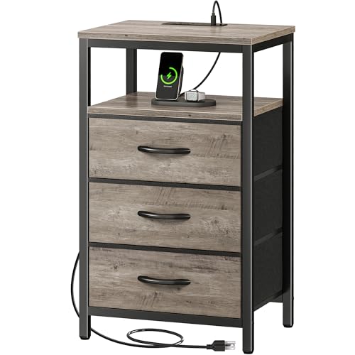 Huuger Nightstand with Charging Station, 27.6 Inch End Table Bedside Table with USB Ports and Outlets, Night Stand for Bedroom, Fabric Drawers, Oak - color: Oak, size: 11.8"D x 15.7"W x 27.6"H (3 Drawers)