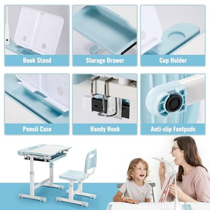 Rengue Kids Desk and Chair Set, Height Adjustable Children School Functional Study Desk with 55° Tiltable Desktop, 3 Modes & Brightness LED Light, Storage Drawer & Metal Hook for Boys Girls (Blue) - color: Blue