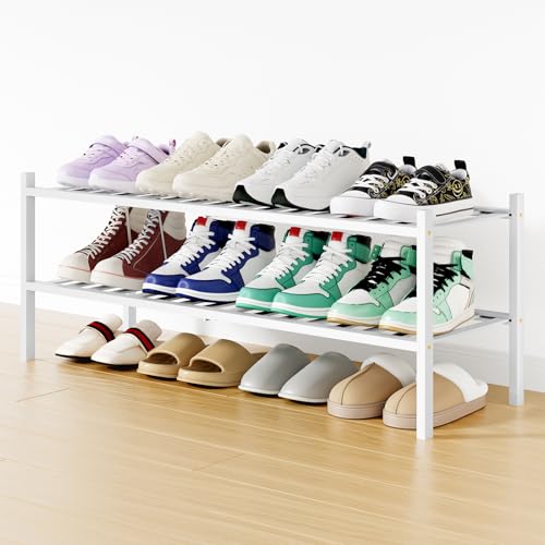 Smiry Bamboo Shoe Rack, 12 Vertical Slats, 2 Tier - 33.7" Wide, White | Stackable Free Standing Wooden Shoe Organizer, Wood Shoe Storage Shelf for Closet, Entryway - color: White, size: 33.66" Wide - 2 Tier - Regular