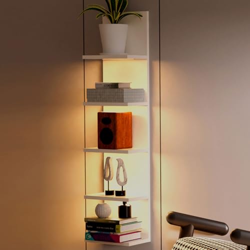 5 Tier Wall Shelf with Light, Floating Lack Shelf for Wall Storage, Wall Mounted Vertical Display Shelf for Bedroom Living Room Vanity, White - color: White