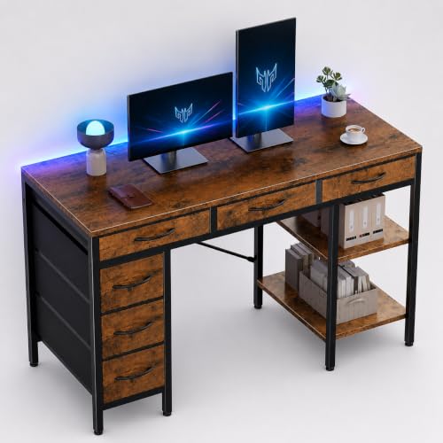 Simple Deluxe Computer Desk with 6 Drawers, 47 Inch Office Workstation with Storage Shelves, Reversible Corner Gaming Table, Home Office Study Desk with Fabric Organizer, Rustic Brown - color: Rustic Brown, size: 47''Lx18''W