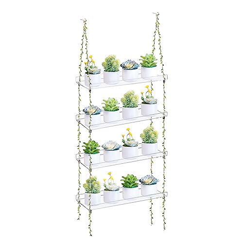 Sumerflos Acrylic Window Boxes Window Plant Shelves 4 Tier - Clear Hanging Shelf Indoor Jute Twine Adjustable Plant Holder for Window Wall Living Room Balcony Natural - color: Clear-twine, size: 4-Tier