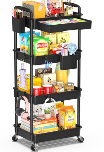 SUNALLY 4 Tier Rolling Cart with Drawer, Craft Storage Cart Organizer,Black | Bathroom Storage Organizer with 2 Lockable Wheels, Rolling Utility Cart for Kitchen, Office, Baby, Makeup, Nail,Snack,Laundry - color: Black, size: 4 Tier