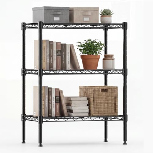 DUMOS 3-Tier Metal Wire Storage Shelves, Adjustable Standing Storage Rack Shelf, Heavy Duty Steel Shelving Unit Organizers for Kitchen Bathroom Pantry Garage, 23.3" Wx13.4 Dx30.2 H, Black - size: 3 Tiers-30.2"H without wheels