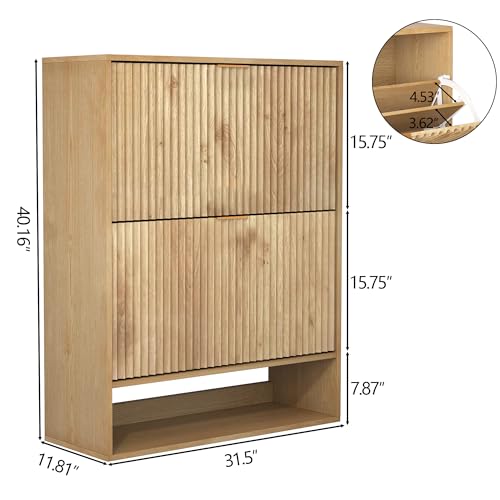 GarveeHome Fluted Shoe Storage for Entryway, Slim Narrow Shoe Cabinet with 2 Flip Drawers, Open Bottom Shelf & Side Hooks, Freestanding Shoe Organizer for Hallway Foyer
