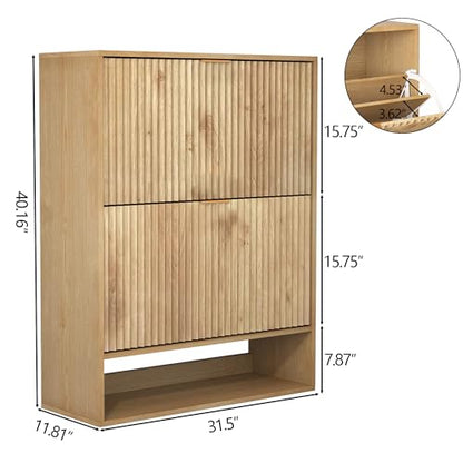 GarveeHome Fluted Shoe Storage for Entryway, Slim Narrow Shoe Cabinet with 2 Flip Drawers, Open Bottom Shelf & Side Hooks, Freestanding Shoe Organizer for Hallway Foyer