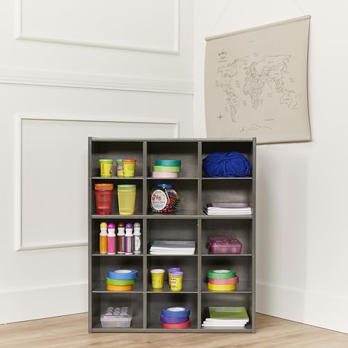 ECR4Kids Streamline 15 Cubby Tray Storage Cabinet, 5x3, Classroom Furniture, Grey Wash | Durable birch, GREENGUARD Gold Certified, 15 cubbies to store and organize supplies in a classroom, office, home playroom - color: Grey