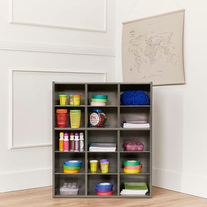 ECR4Kids Streamline 15 Cubby Tray Storage Cabinet, 5x3, Classroom Furniture, Grey Wash | Durable birch, GREENGUARD Gold Certified, 15 cubbies to store and organize supplies in a classroom, office, home playroom - color: Grey