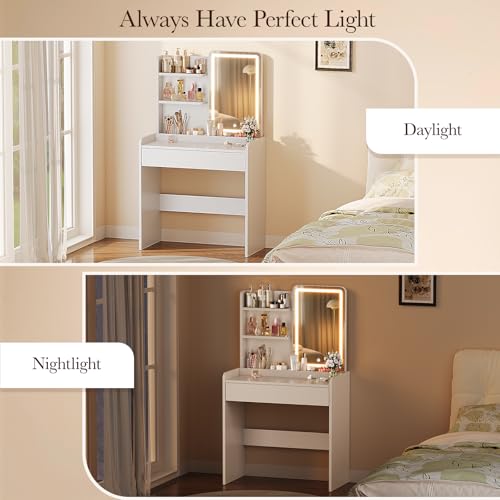 Memobarco Small Vanity Desk with Mirror and Lights, Makeup Vanity with Drawer & Storage Shelves, Vanity Desk with 3 Lighting Modes & Adjustable Brightness, Dressing Table for Women Girls Bedroom,White - color: White