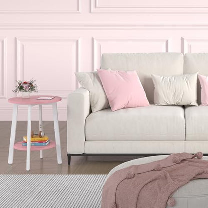 sthmec Side Table, Small Round End Table with Storage Shelf for Small Space, 2-Tier Bedside Table Sofa Couch Table, Round Accent Table Nighstands for Living Room, Bedroom, Pink - color: Pink