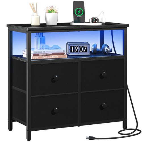Yoobure Night Stand with Charge Station, Nightstand with 4 Drawers Bedside Table, LED Dresser with Storage Shelf, Night Stands for Bedroom, Side Table 3-Tier Wood End Table for Home, Office Black - color: Black