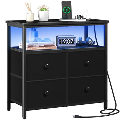 Yoobure Night Stand with Charge Station, Nightstand with 4 Drawers Bedside Table, LED Dresser with Storage Shelf, Night Stands for Bedroom, Side Table 3-Tier Wood End Table for Home, Office Black - color: Black
