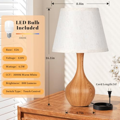 Seealle Touch Table Lamp for Bedroom, 3-Way Dimmable Small Bedside Lamps for Night Stands with Wires, Wood-Paint Desk Lamp for Kids Room, Office, Living Room, End Table(LED Bulb Included) - color: E. Oatmeal Shade & wood-paint Base