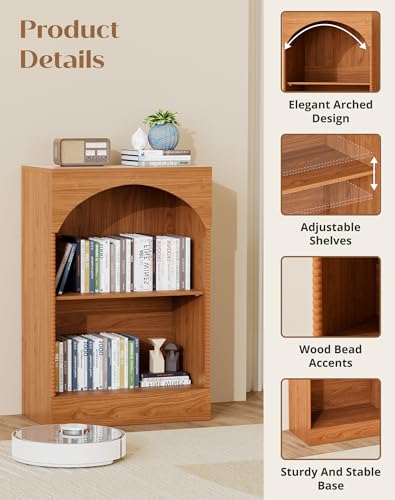 31.5" Arched Small Narrow Book Shelf with Storage, 2 Tier Small Arched Bookshelf for Home Office, Entryway Console Table for Living Room, Hallway, Wood