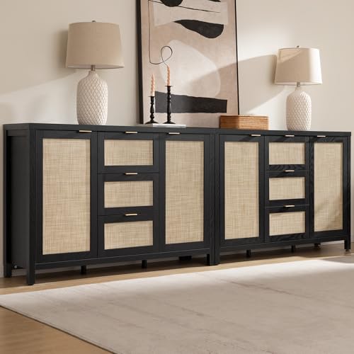 SICOTAS Sideboard Buffet Cabinet with 3 Drawers, Rattan Storage Cabinet | 52 Inch Larger Farmhouse Boho Credenza Coffee Bar Cabinet with Storage, Console Table for Living Room, Kitchen, 2 Pieces - color: Black Oak, size: 2 Pieces