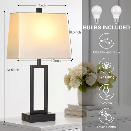 Touch Control Table Lamps with 2 USB Charging Ports & AC Outlets, 23" Tall Modern Nightstand Bedside Lamp for Bedroom, 3-Way Dimmable Metal Table Lamp with Fabric White Shade for Living Room End Table - color: White