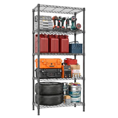 5-Tier Shelving Unit, Black Wire Storage Shelves for Kitchen and Garage | 15.7" D x 33.5" W x 68.5" H, 1250 Lbs Wire Rack Shelving, Adjustable Storage Rack for Laundry Room and Garage Organization - color: Black, size: 5-tier 13.8" D x 35.4" W x 68.5" H