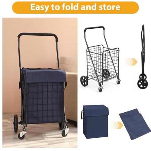 Kiffler Foldable Shopping Cart with Waterproof Basket Liner & 360° Swivel Wheels | Collapsible, Lightweight | Perfect for Groceries, Laundry, Max 100 LBS Utility Cart for Seniors, Apartments - size: Medium+Blue Bag