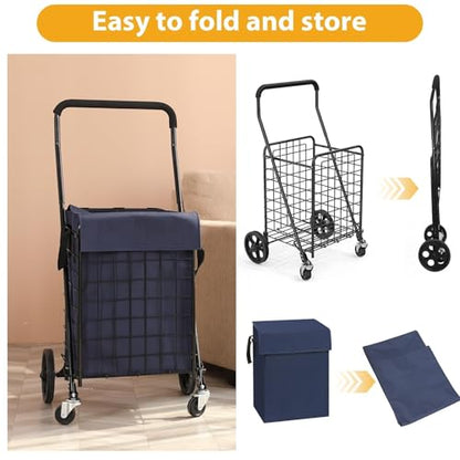 Kiffler Foldable Shopping Cart with Waterproof Basket Liner & 360° Swivel Wheels | Collapsible, Lightweight | Perfect for Groceries, Laundry, Max 100 LBS Utility Cart for Seniors, Apartments - size: Medium+Blue Bag
