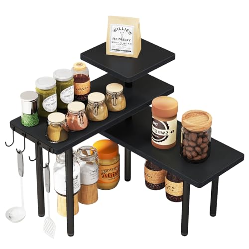 IBUYKE 3-Tier Spice Rack Kitchen,Rotating Adjustable,Black,TLJ023B | Corner shelf Kitchen Countertop Organizer Bathroom Counter Organizer 4 Side Hooks Coffee Bar Cabinet Desk - color: Black, size: 1 pack (Improved)