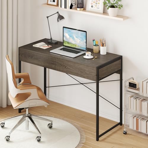 Giantex Computer Desk with 2 Drawers, 44 Inch Home Office Desk with Anti-Toppling Device & Metal Frame, Compact Laptop PC Table, Vanity Table, Modern Study Writing Desk for Small Spaces (Grey Oak) - color: Grey Oak