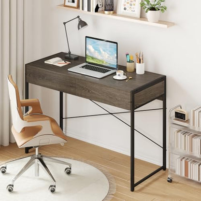 Giantex Computer Desk with 2 Drawers, 44 Inch Home Office Desk with Anti-Toppling Device & Metal Frame, Compact Laptop PC Table, Vanity Table, Modern Study Writing Desk for Small Spaces (Grey Oak) - color: Grey Oak
