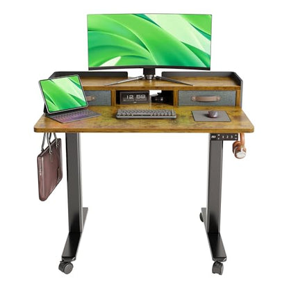 Claiks Standing Desk with Drawers, Adjustable Stand Up Electric Small Standing Desk Adjustable Height with Storage Shelf and Splice Board, 40 Inch, Rustic Brown - color: Rustic Brown, size: 39.4×23.6