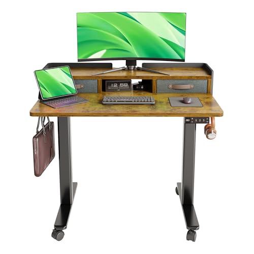 Claiks Standing Desk with Drawers, Adjustable Stand Up Electric Small Standing Desk Adjustable Height with Storage Shelf and Splice Board, 40 Inch, Rustic Brown - color: Rustic Brown, size: 39.4×23.6
