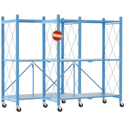 DEANIC 3 Tier Foldable Storage Shelves with Wheels, Kitchen Appliance Stand, Freestanding Metal Wire Shelf Rack, No Assembly Organizer Rolling Cart for Garage, Basement, Pantry(Blue Pack of 2) - color: Blue