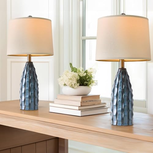 USumkky Ceramic Table Lamps Set of 2, 23.75" Modern Farmhouse Bedside Lamp - Blue Nightstand Lamps for Bedroom, Boho Living Room End Tables, Small Office Desk Lamp Decor - color: B 23.75"-Blue-2Pack