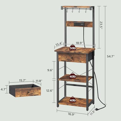 MAHANCRIS Bakers Rack with Drawer, Microwave Stand with Power Outlet, Coffee Bar Station with 4 Hooks, Kitchen Storage Shelf Rack 4 Tiers, for Kitchen, Dining Room, Rustic Brown and Black BRHR48E01 - color: Rustic Brown and Black