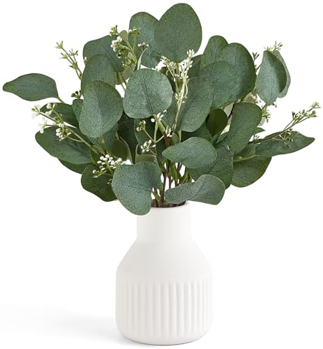 Dahey Fake Eucalyptus Plants in Small Vase for Bathroom Coffee Table Decor | Ceramic, Realistic Artificial Plants Indoor, Modern Farmhouse Table Centerpieces for Kitchen Shelf Living Room Decor, White - color: White, size: Small