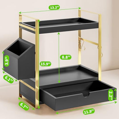 2-Tier Bathroom Counter Organizer, Wooden Vanity Shelf with Drawer & Basket | Pre-Drilled Holes, Skincare & Makeup Countertop Organizer and storage, Black-gold - color: Black-gold