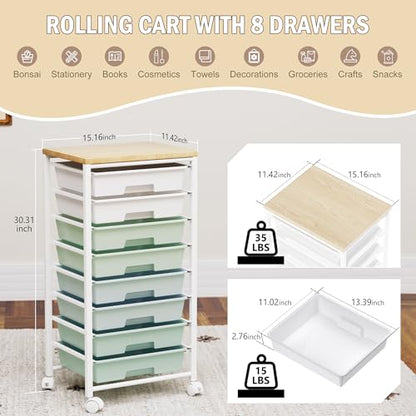 Rolling Cart with 8 Drawers, Storage Drawers Cart with Wooden Tabletop and Lockable Wheels, Craft Storage for Living Room, Office, Classroom, Craft Room, Bedroom - color: Green