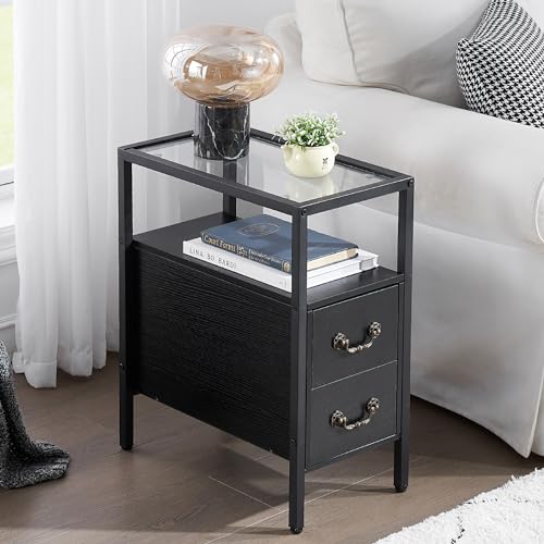 VECELO End Tables, 24" Height Narrow Nightstands, Modern Tall Night Stand with Drawers and Shelf for Living Room, Bedroom,Tempered Glass - color: Classic Black, size: Set of 1