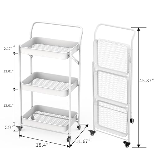 JAQ Foldable Rolling Cart, 3-Tier No Assembly Metal Utility Cart with Handle, Heavy Duty Folding Storage Trolley Organizer on Wheels for Kitchen, Office, Craft Art, Baby Diaper, Snacks, Books, White - color: White /3-tier